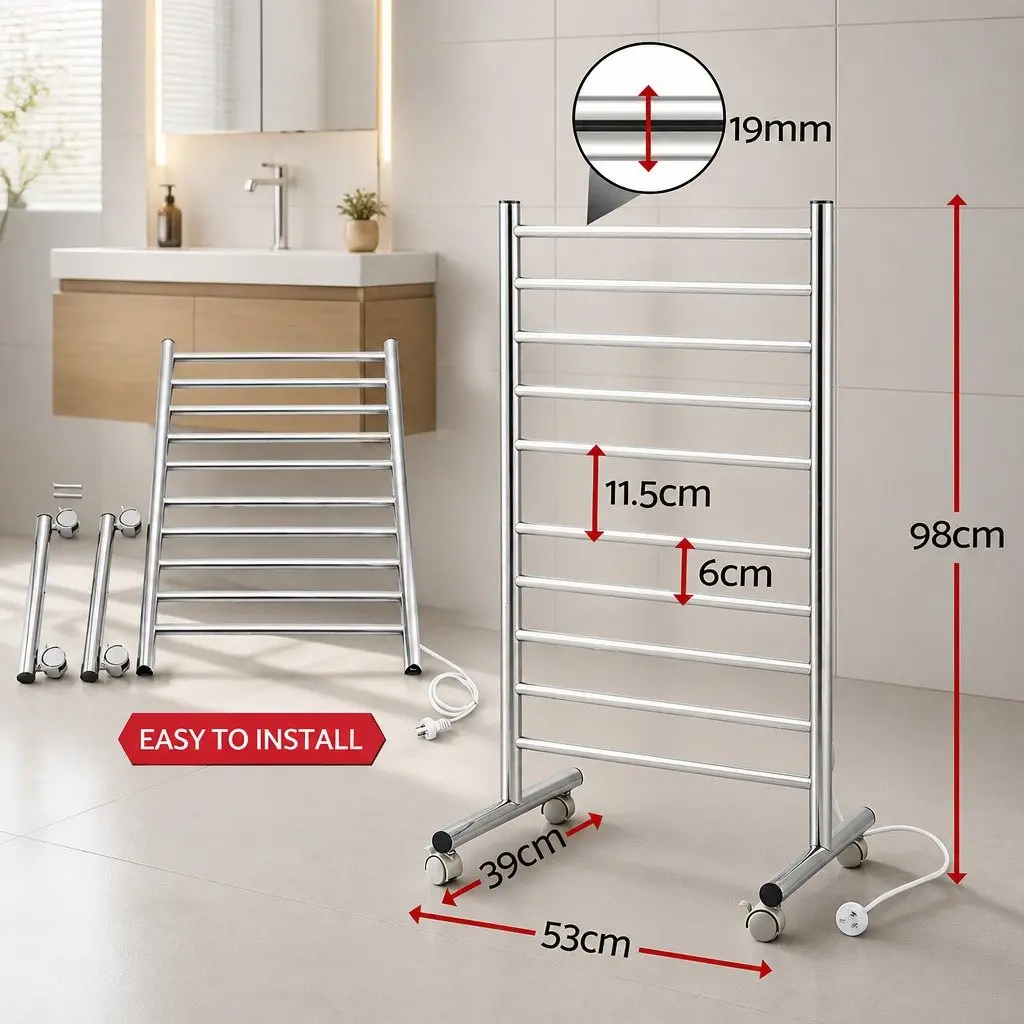 Heated Towel Rail Stainless Steel 10-Bar Freestanding 53cm x 39cm x 98cm Silver