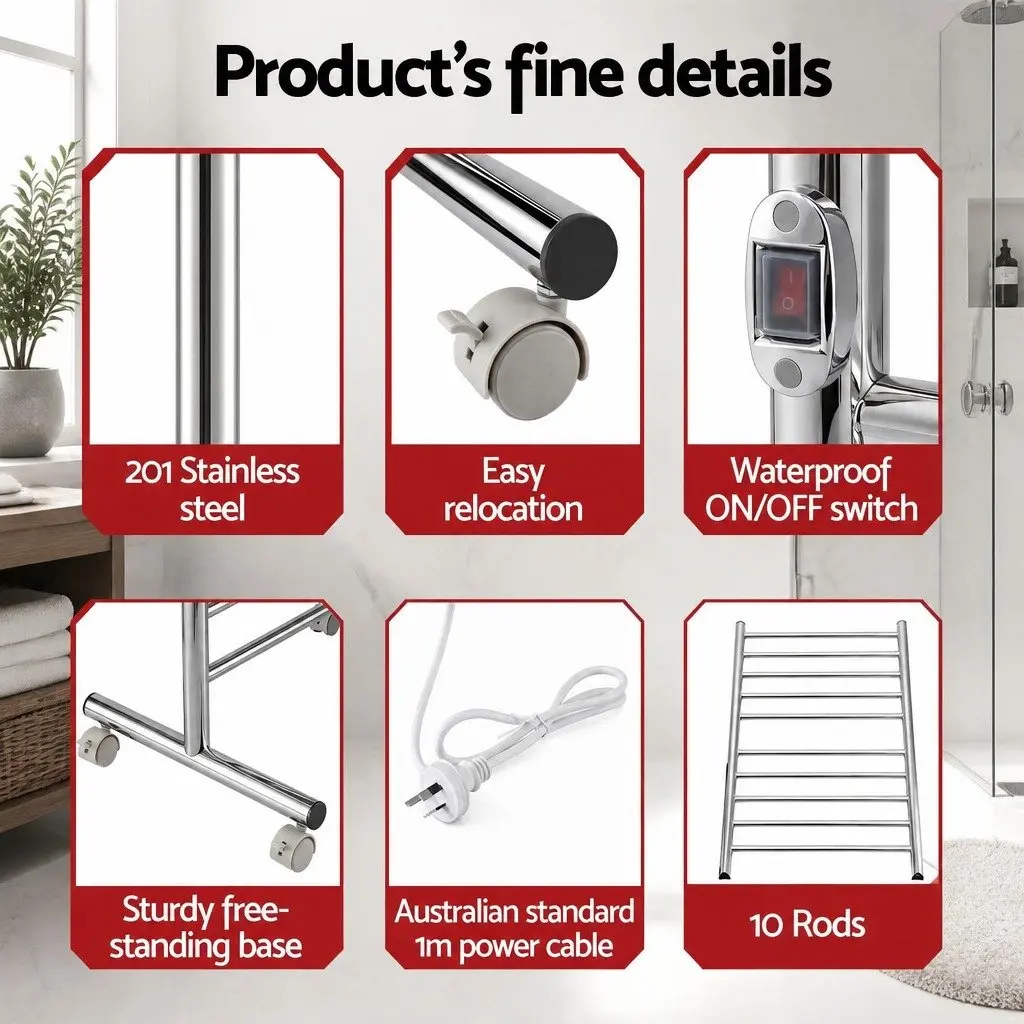 Heated Towel Rail Stainless Steel 10-Bar Freestanding 53cm x 39cm x 98cm Silver
