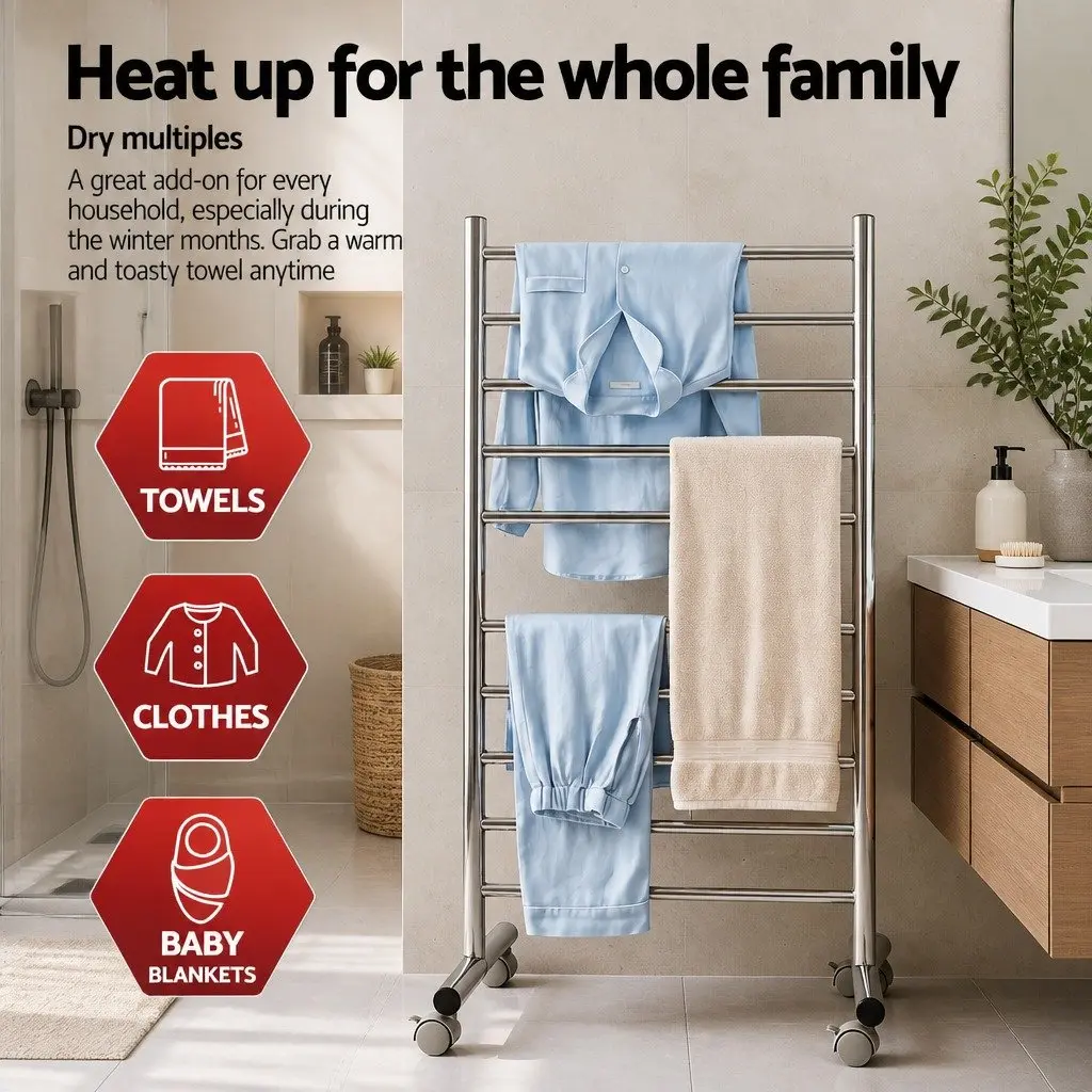 Heated Towel Rail Stainless Steel 10-Bar Freestanding 53cm x 39cm x 98cm Silver