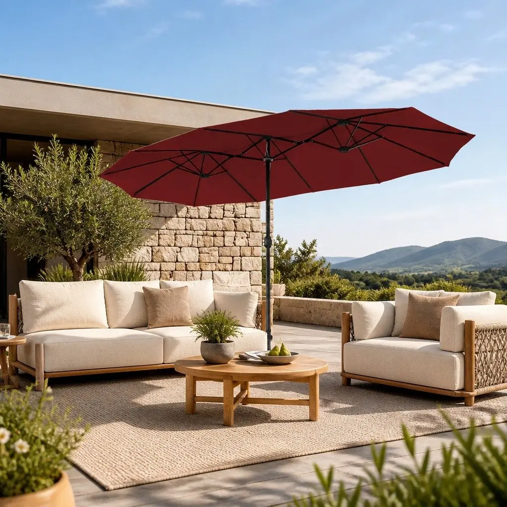 Patio Umbrella Polyester 380cm Red Double-Sided Shade Heavy-Duty Steel Frame