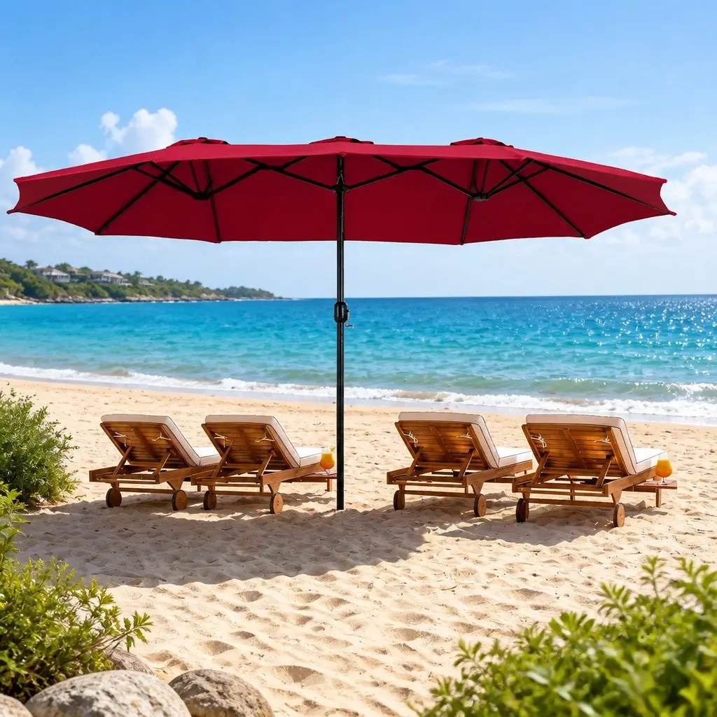 Patio Umbrella Polyester 380cm Red Double-Sided Shade Heavy-Duty Steel Frame