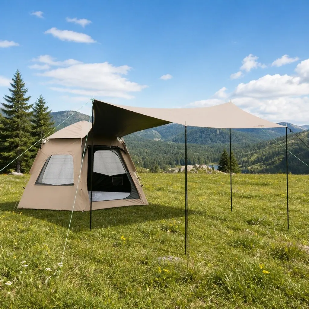 Quick Setup 3-4 Person Beige Camping Tent with Awning