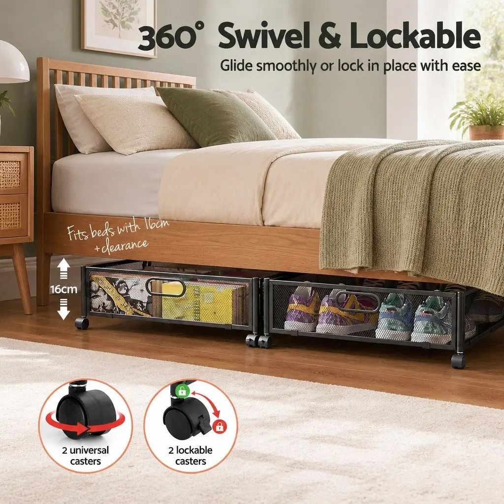 Under Bed Storage Containers Metal Set of 4 Black 60cm x 40cm x 16cm