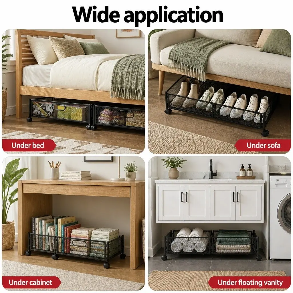 Under Bed Storage Containers Metal Set of 4 Black 60cm x 40cm x 16cm