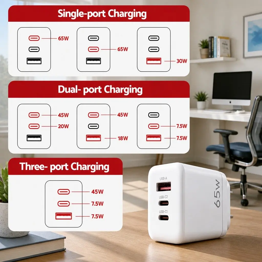 65W USB C Wall Charger with 3 Ports