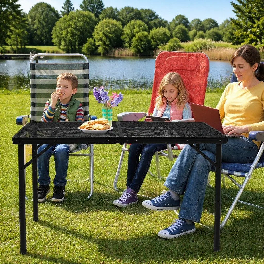 Folding Grill Table Aluminium Steel Mesh Black 90cm x 60cm x 40 70cm Portable BBQ Camping Outdoor Prep