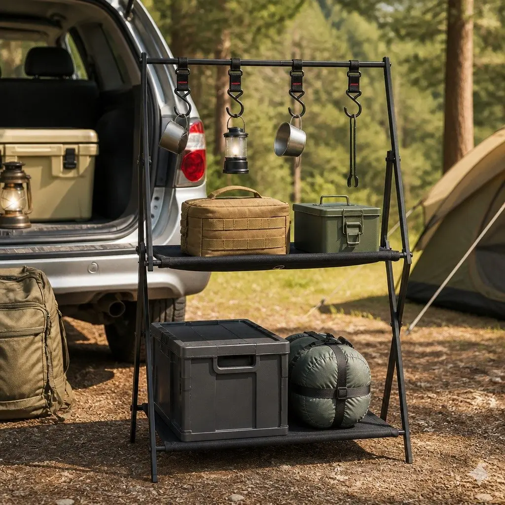 Foldable Camping Storage Shelves with Hooks