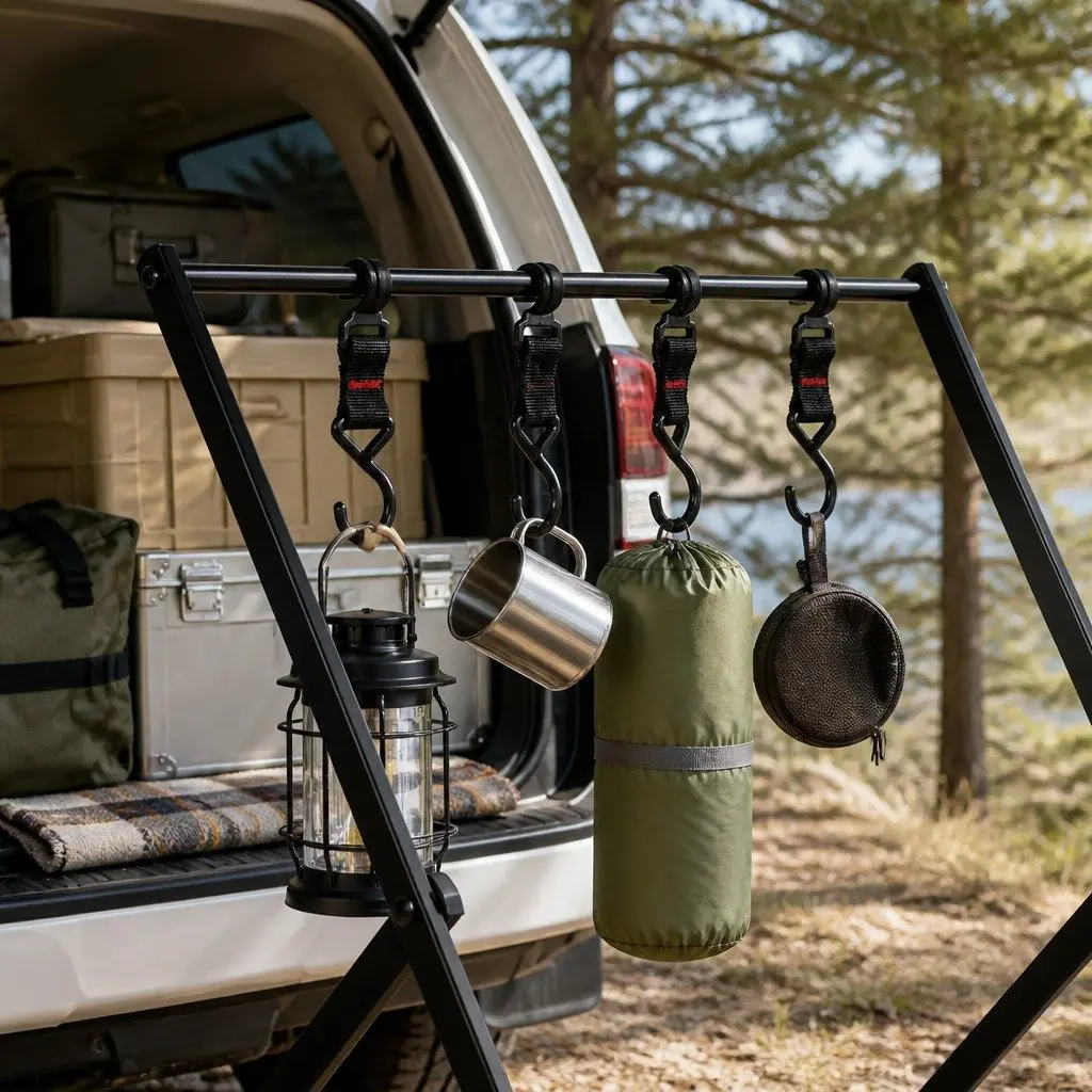 Foldable Camping Storage Shelves with Hooks