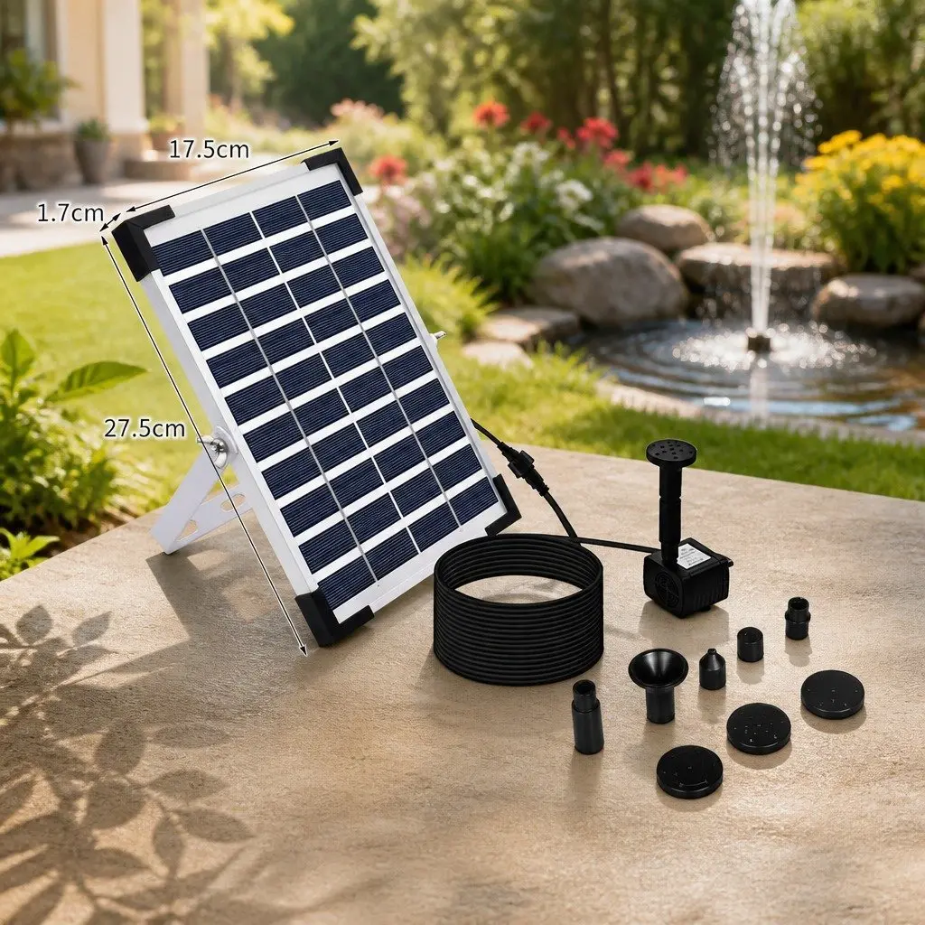 Solar Fountain Polycrystalline 5W Outdoor Water Feature 8 Nozzles Black