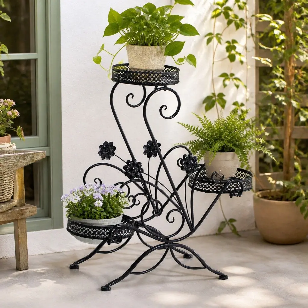 Black Steel Plant Stand for Indoor and Outdoor