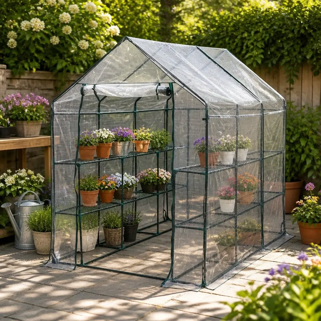 Walk In Greenhouse Steel PVC 3 Tier Shelves Transparent