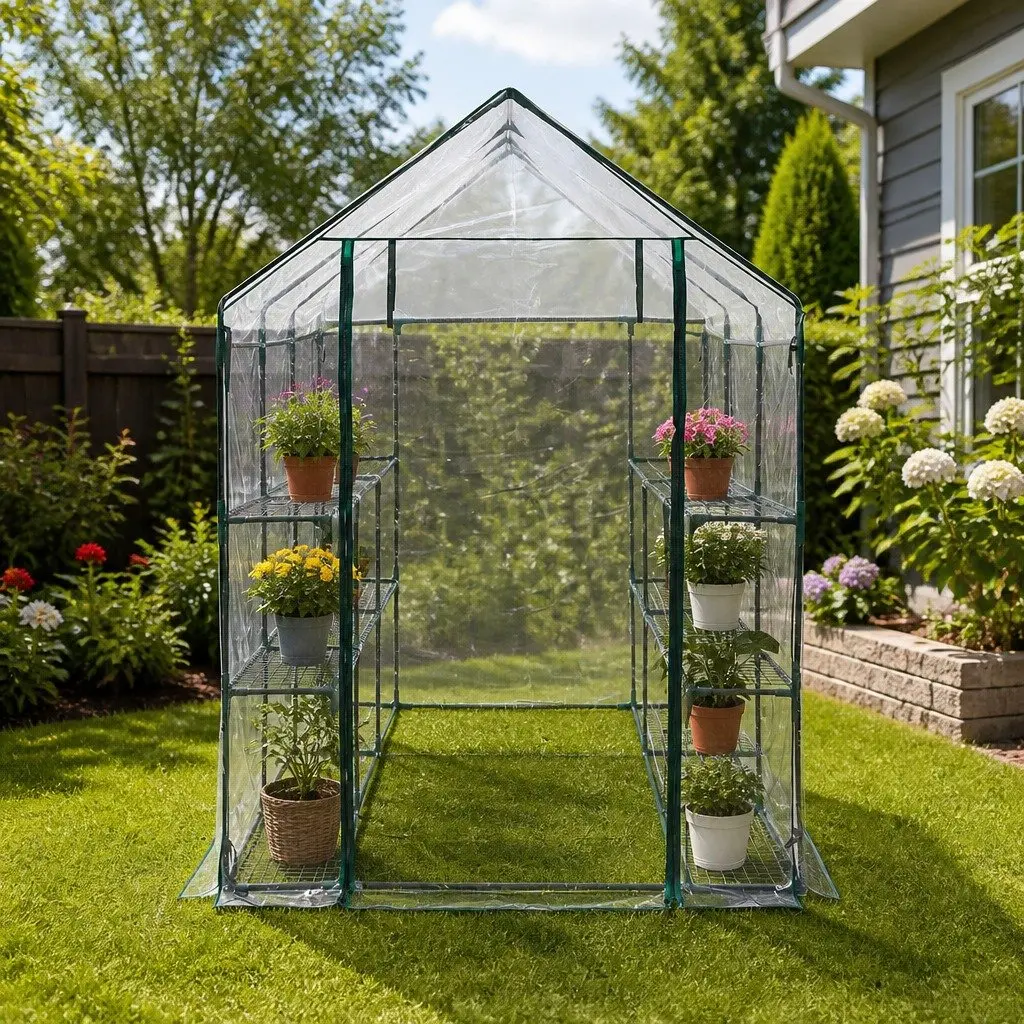 Walk In Greenhouse Steel PVC 3 Tier Shelves Transparent