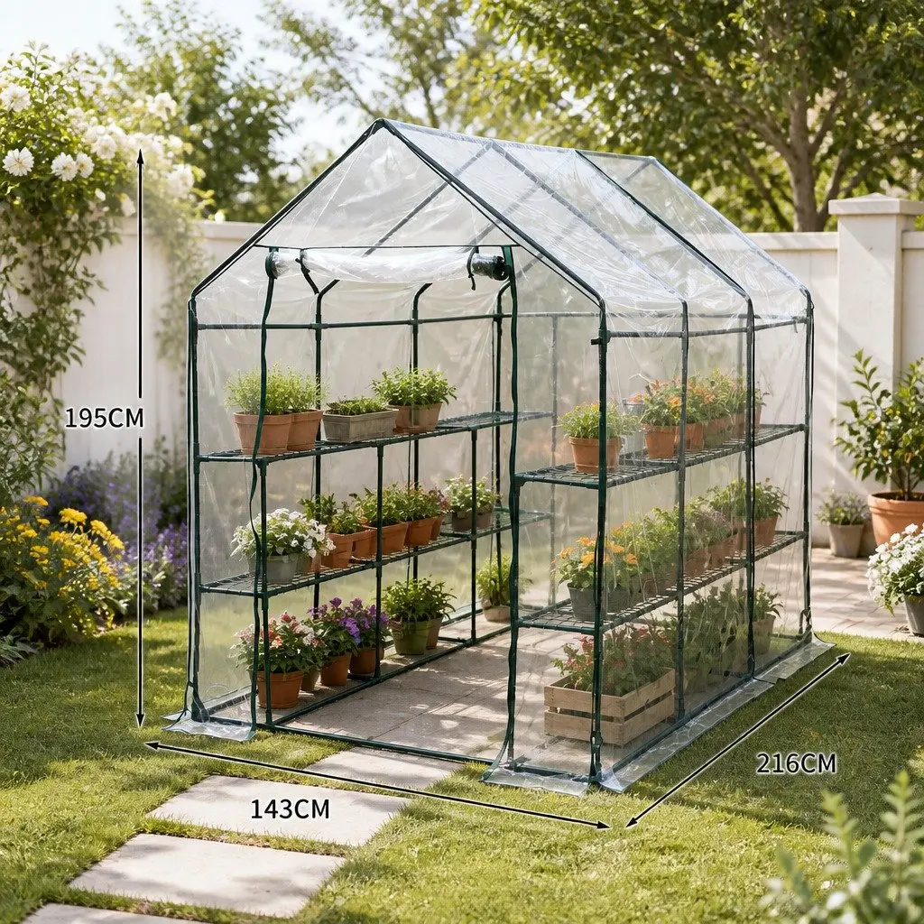 Walk In Greenhouse Steel PVC 3 Tier Shelves Transparent