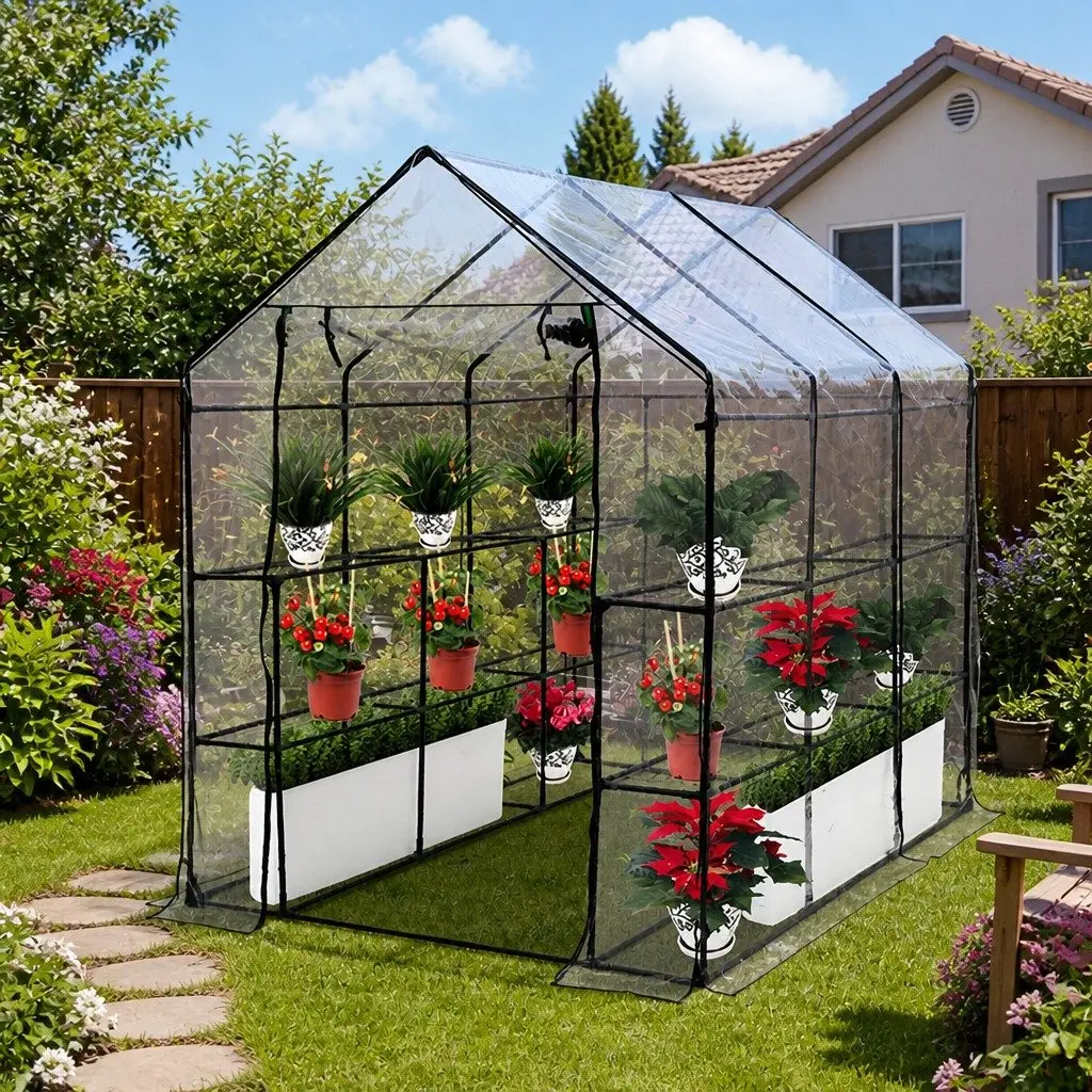 Walk In Greenhouse Steel PVC 3 Tier Shelves Transparent