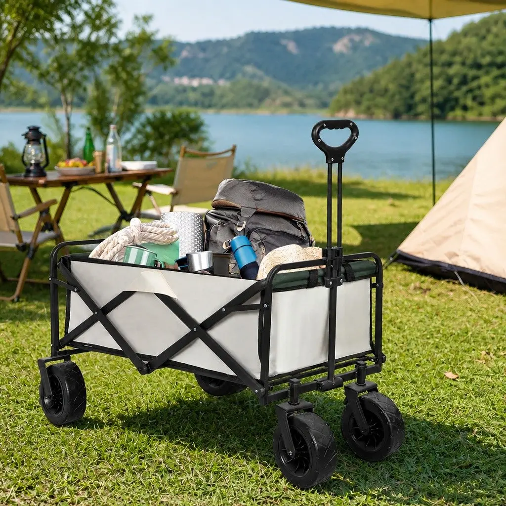 Collapsible Trolley Wagon Steel Frame 90cm x 50cm x 60cm Beige