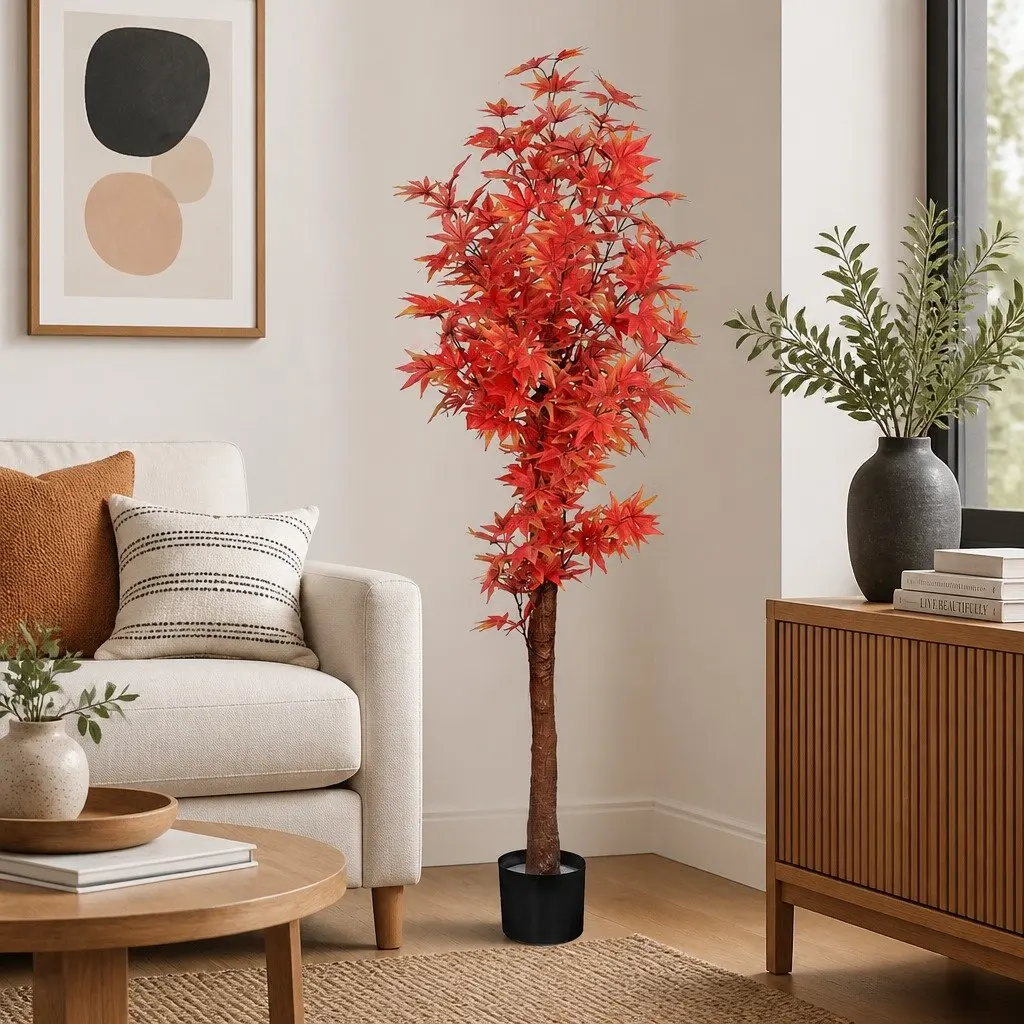 Artificial Plant Tree Screen Printed Cloth PE Steel 180cm Red