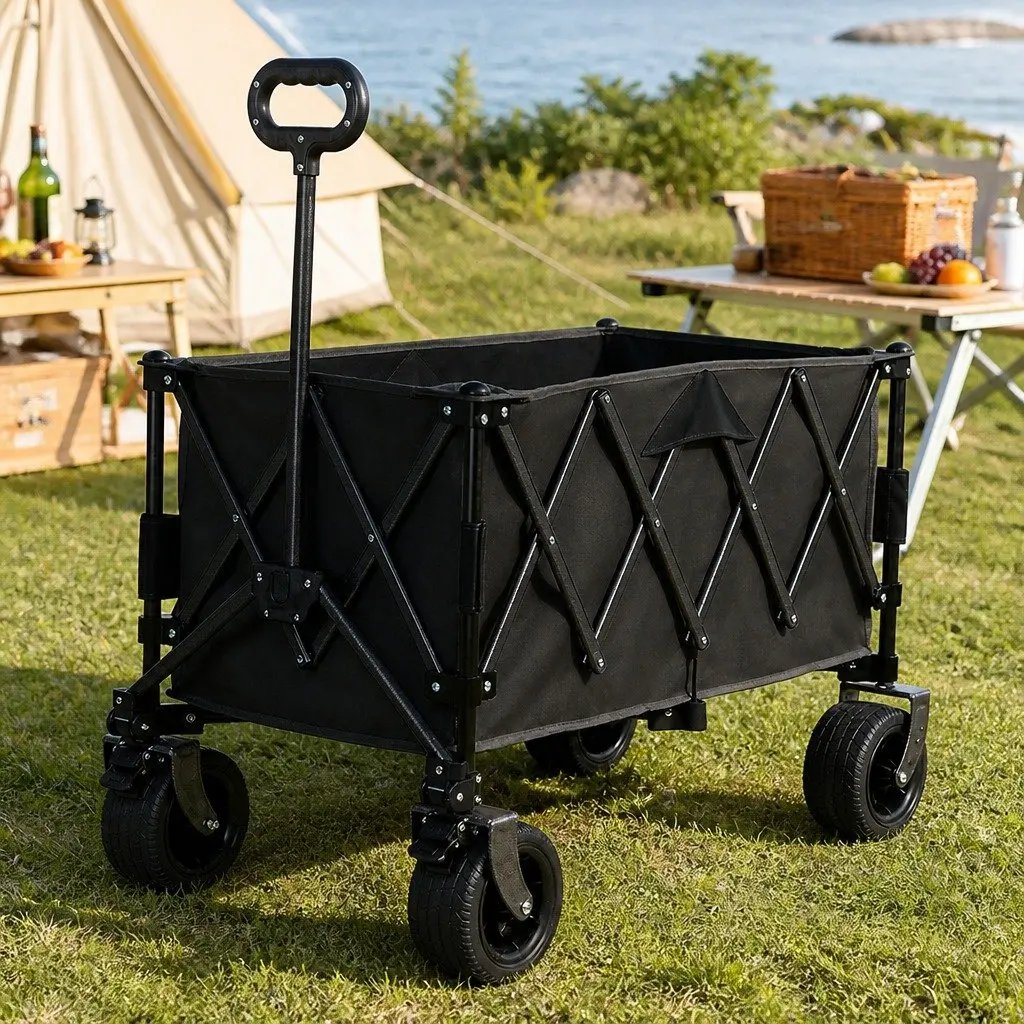 Folding Wagon Cart 600D Oxford Fabric 3-Tier Black All-Terrain Wheels