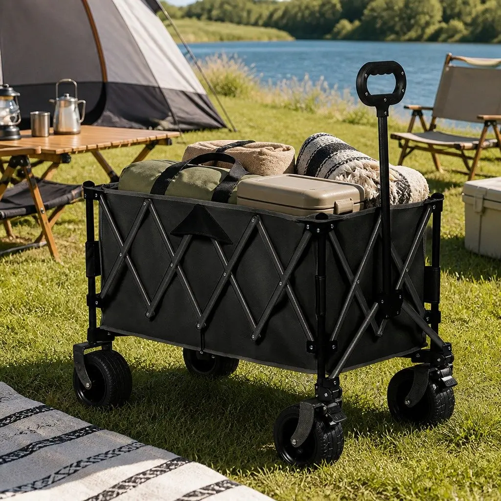 Folding Wagon Cart 600D Oxford Fabric 3-Tier Black All-Terrain Wheels