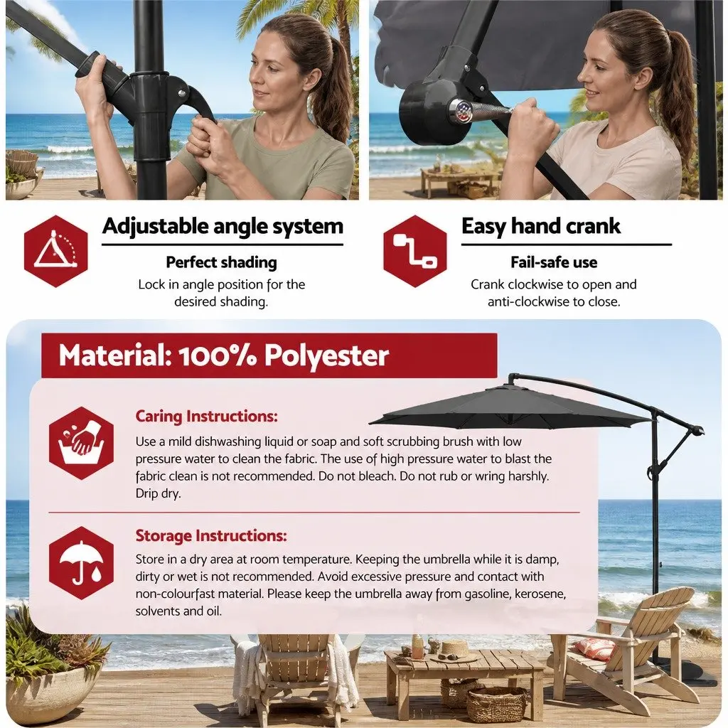 Charcoal 3m Cantilever Outdoor Umbrella with Strong Frame