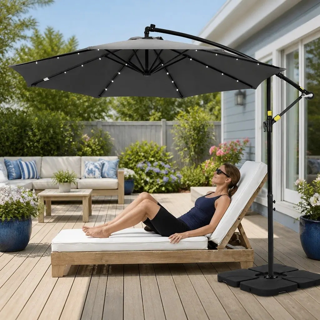 Cantilever Umbrella Polyester 3m Charcoal with Solar LED Lights and Steel Frame