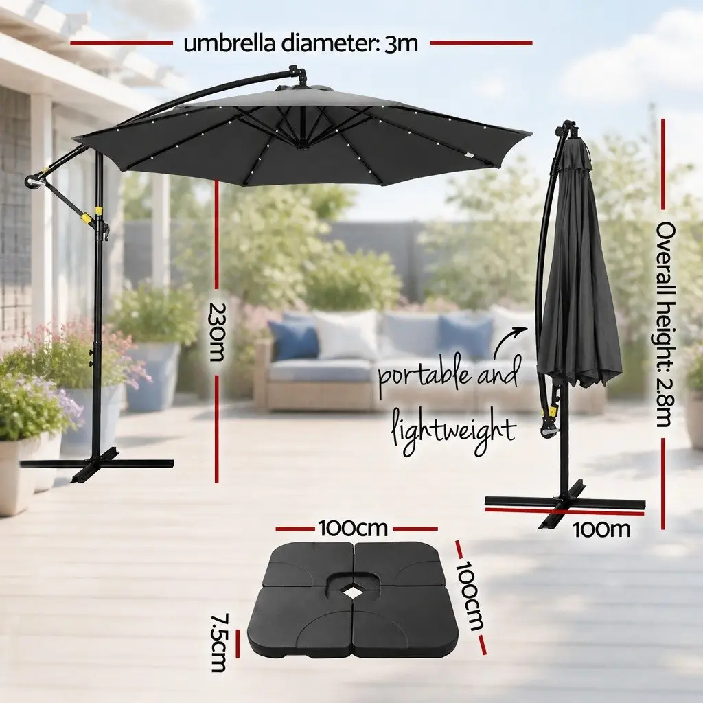 Cantilever Umbrella Polyester 3m Charcoal with Solar LED Lights and Steel Frame