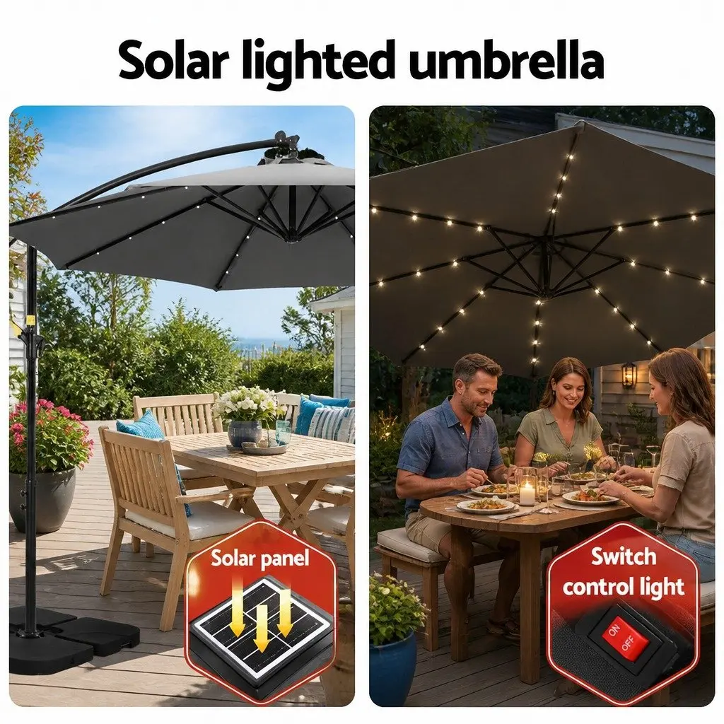 Cantilever Umbrella Polyester 3m Charcoal with Solar LED Lights and Steel Frame