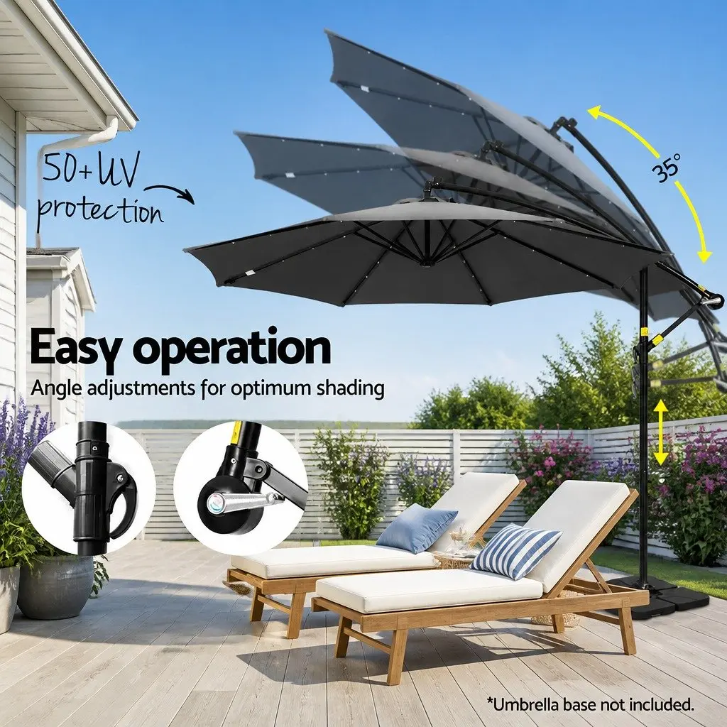Cantilever Umbrella Polyester 3m Charcoal with Solar LED Lights and Steel Frame