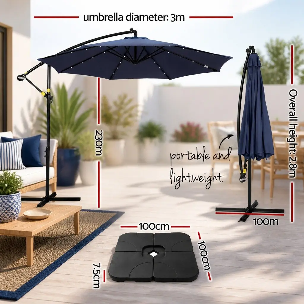 Outdoor Umbrella Polyester 3M Navy Blue Solar LED Lights Steel Frame