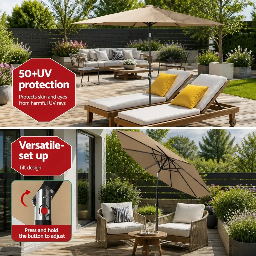 Outdoor Umbrella Polyester 2.7m Octagonal Canopy Beige
