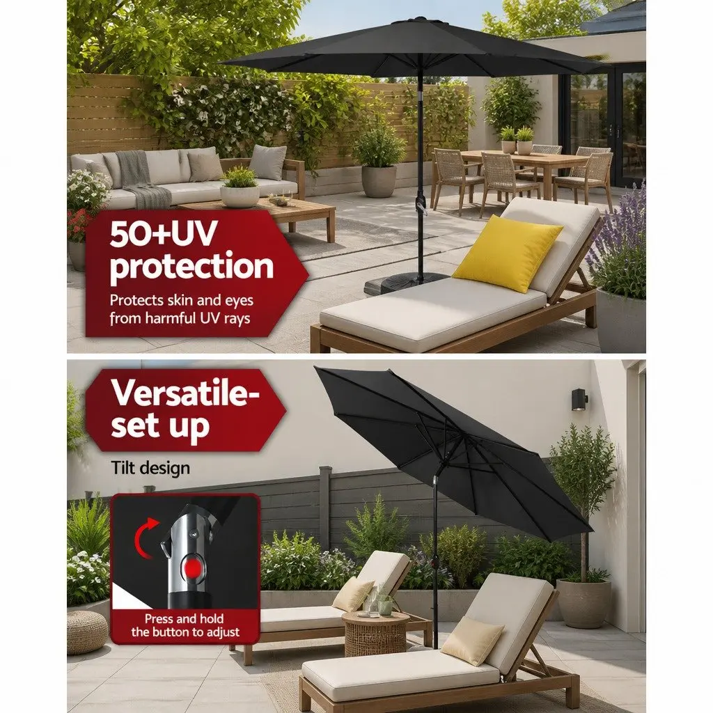 Outdoor Umbrella Polyester 2.7m Black Centre Post Octagonal Canopy Tilt Garden Patio Sun