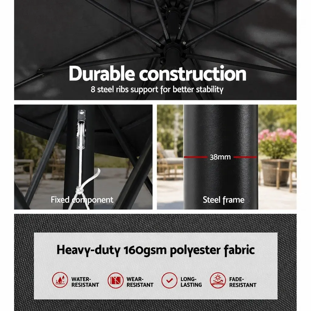 Outdoor Umbrella Polyester 2.7m Black Centre Post Octagonal Canopy Tilt Garden Patio Sun