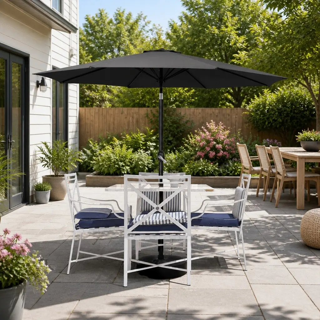 Outdoor Umbrella Polyester 2.7m Black Centre Post Octagonal Canopy Tilt Garden Patio Sun