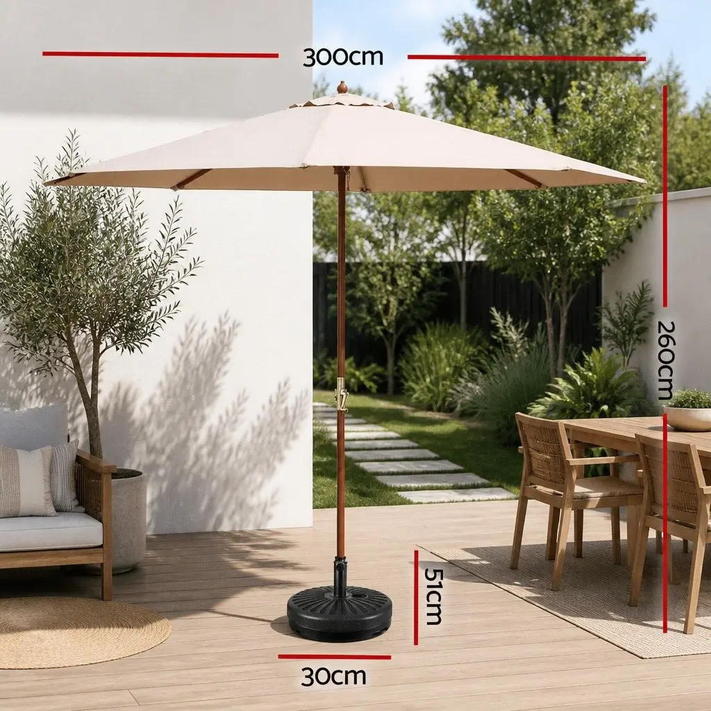 Outdoor Umbrella Polyester 3m Beige Octagonal Canopy Garden Sun Shade with Wooden Frame and Water-Fillable Base