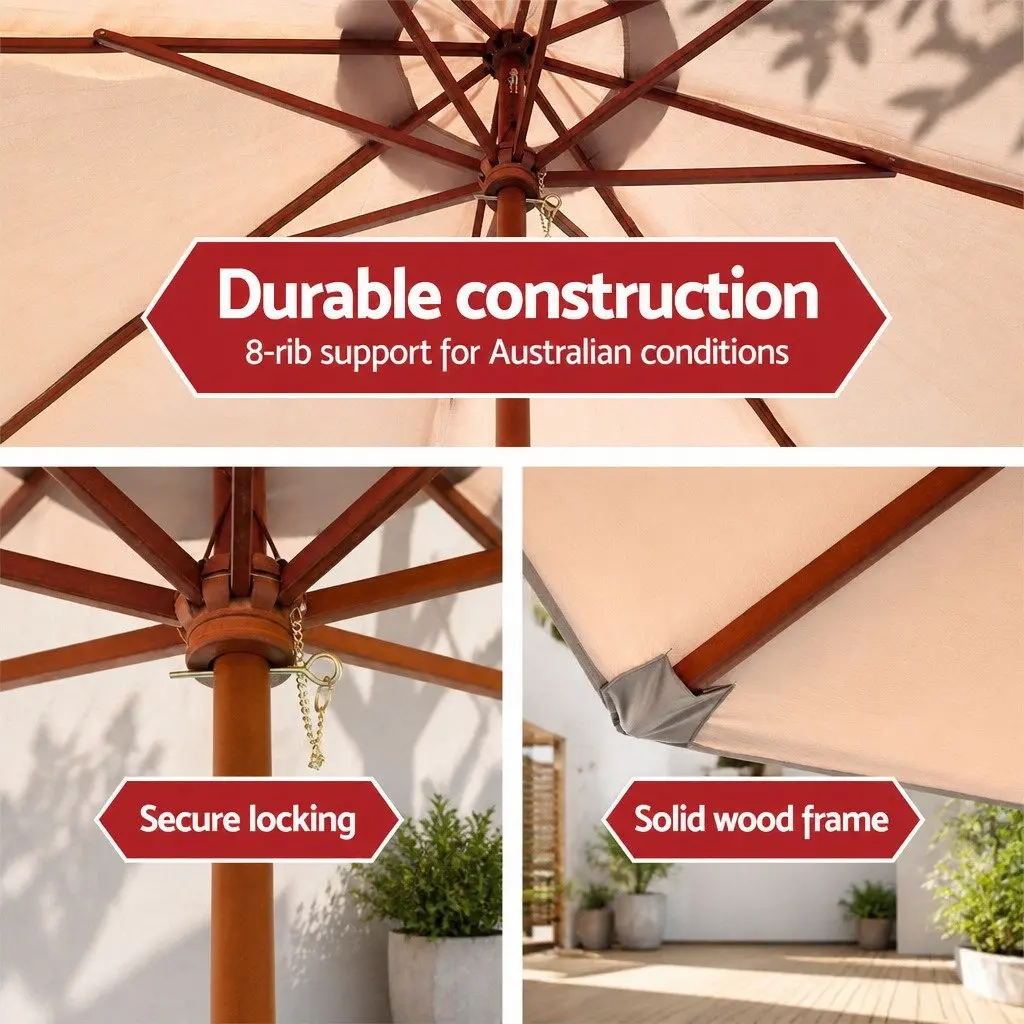 Outdoor Umbrella Polyester 3m Beige Octagonal Canopy Garden Sun Shade with Wooden Frame and Water-Fillable Base