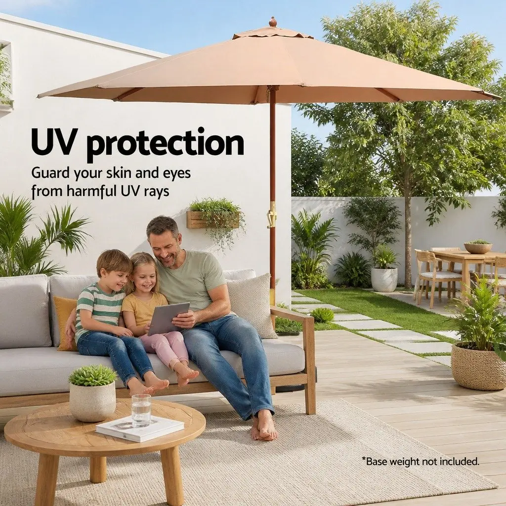 Outdoor Umbrella Polyester 3m Beige Octagonal Canopy Garden Sun Shade with Wooden Frame and Water-Fillable Base