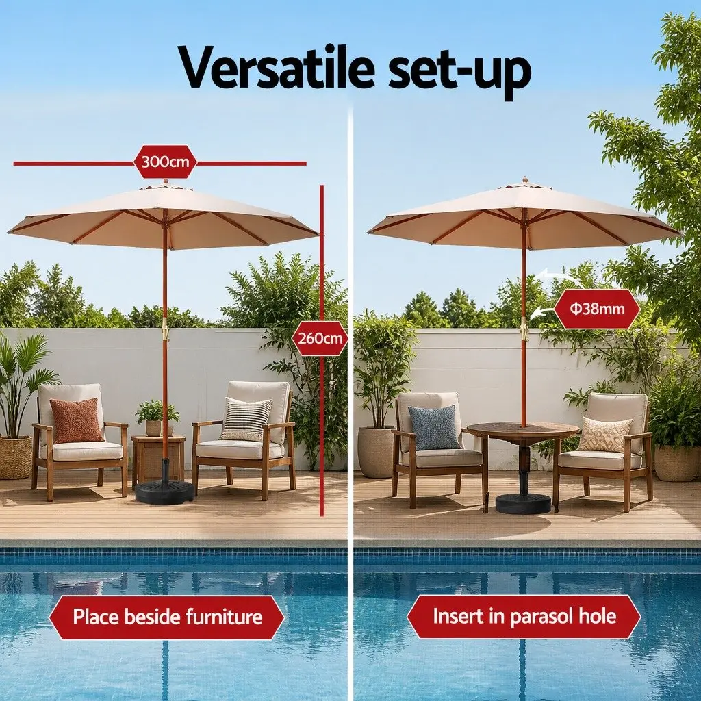 Outdoor Umbrella Polyester 3m Beige Octagonal Canopy Garden Sun Shade with Wooden Frame and Water-Fillable Base