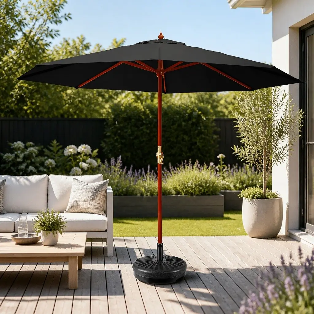 Outdoor Umbrella Polyester 3m Black Octagonal Canopy Wooden Frame