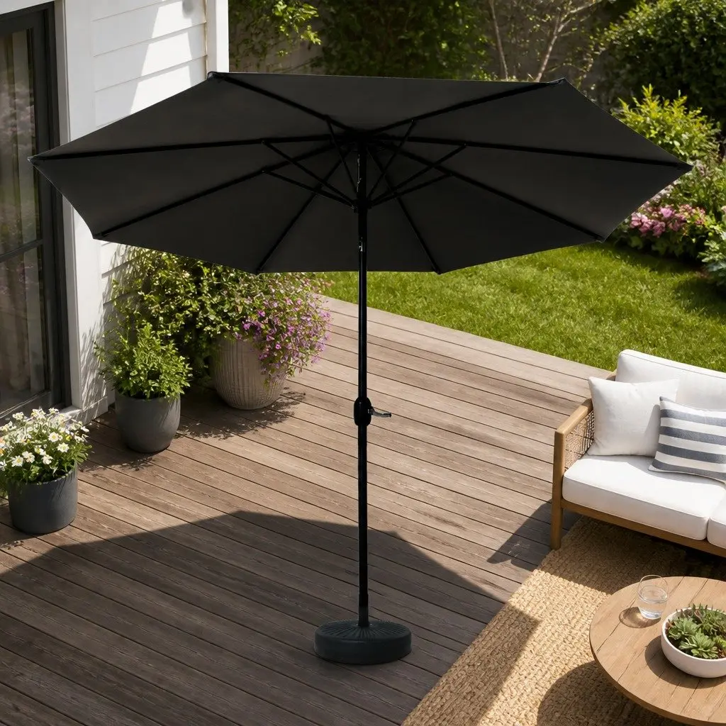 Outdoor Umbrella Polyester 3m Black Octagonal Centre Post Garden Patio Beach Sun Shade
