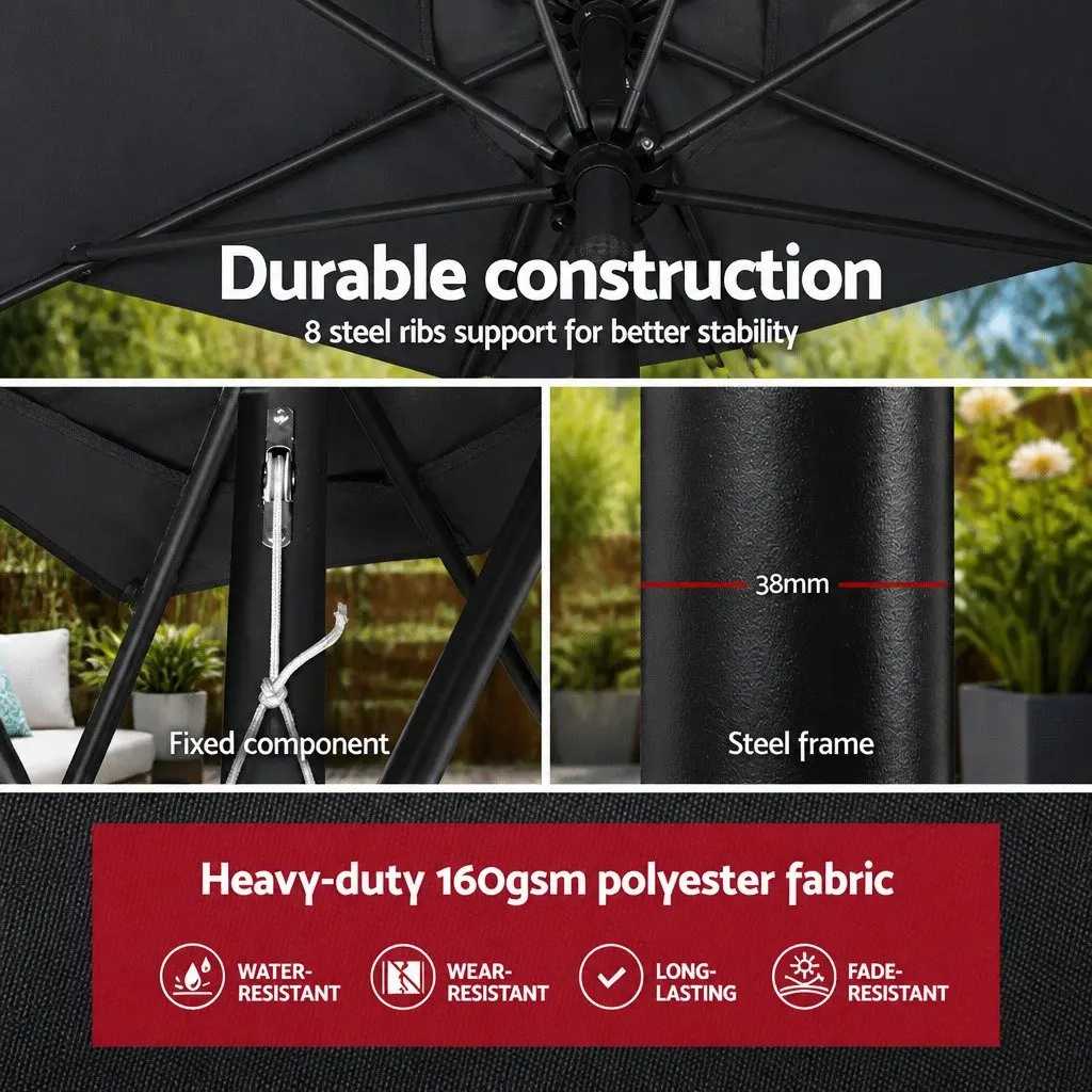 Outdoor Umbrella Polyester 3m Black Octagon Garden Patio Beach Sunshade