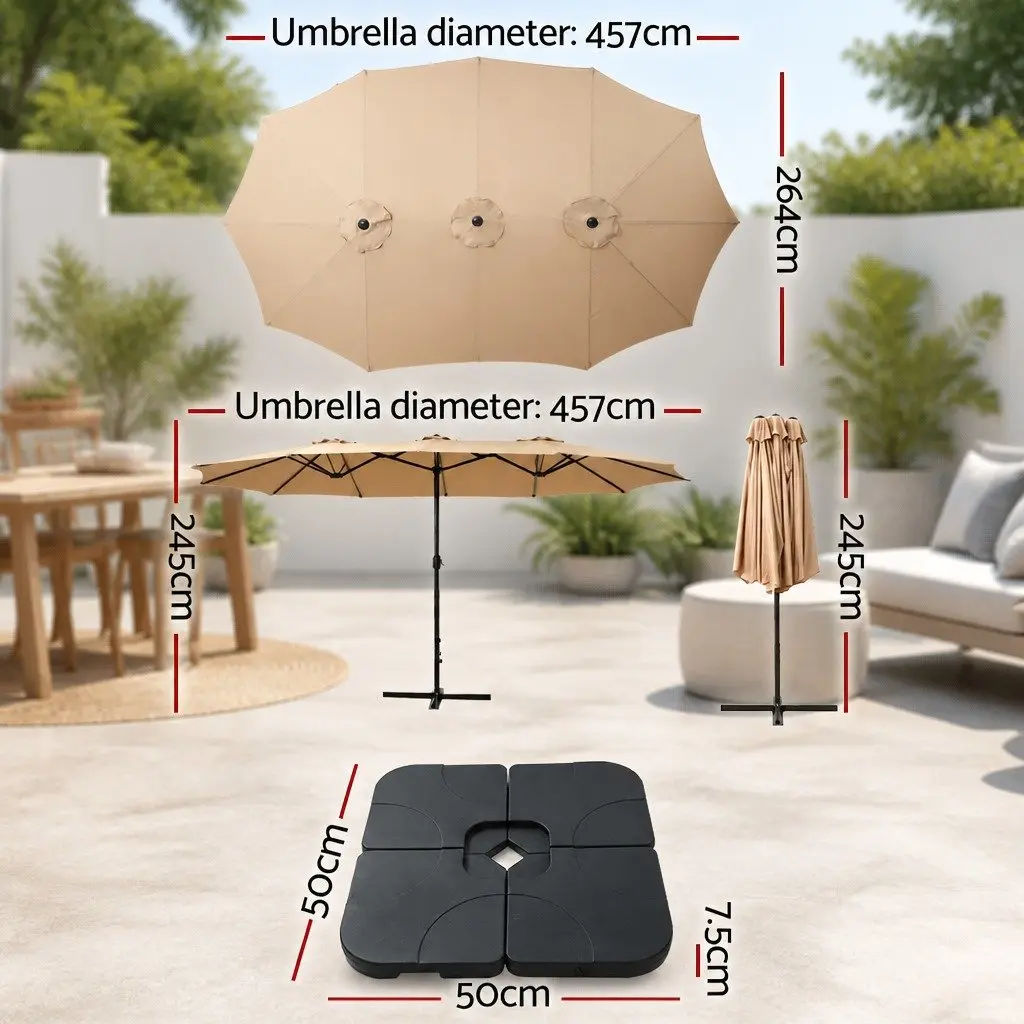 Outdoor Umbrella Polyester 4.57m Beige Black Patio Sunshade with Steel Pole and HDPE Base