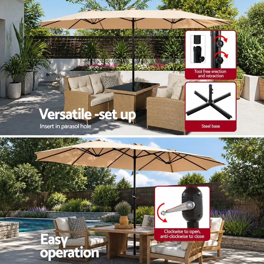 Outdoor Umbrella Polyester 4.57m Beige Black Patio Sunshade with Steel Pole and HDPE Base