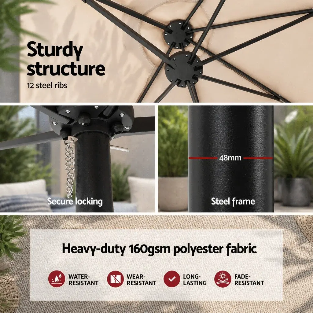 Outdoor Umbrella Polyester 4.57m Beige Black Patio Sunshade with Steel Pole and HDPE Base