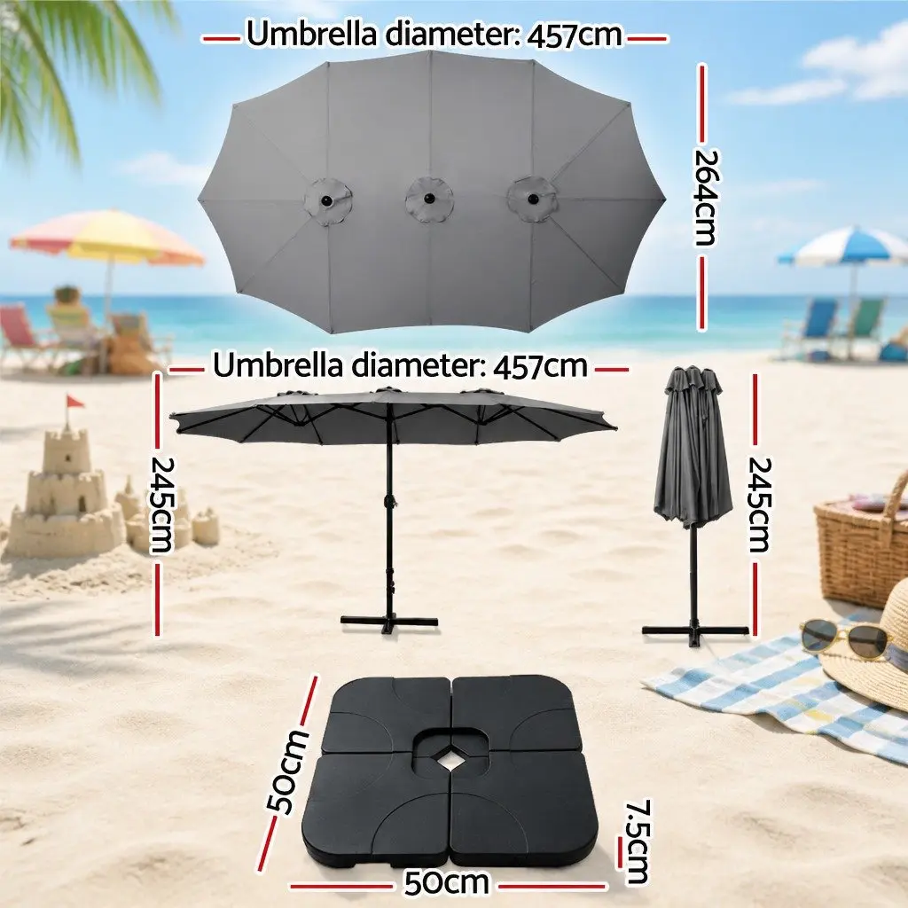 Outdoor Umbrella Polyester 4.57m Double-Sided Charcoal Garden Sunshade with Black Base Stand