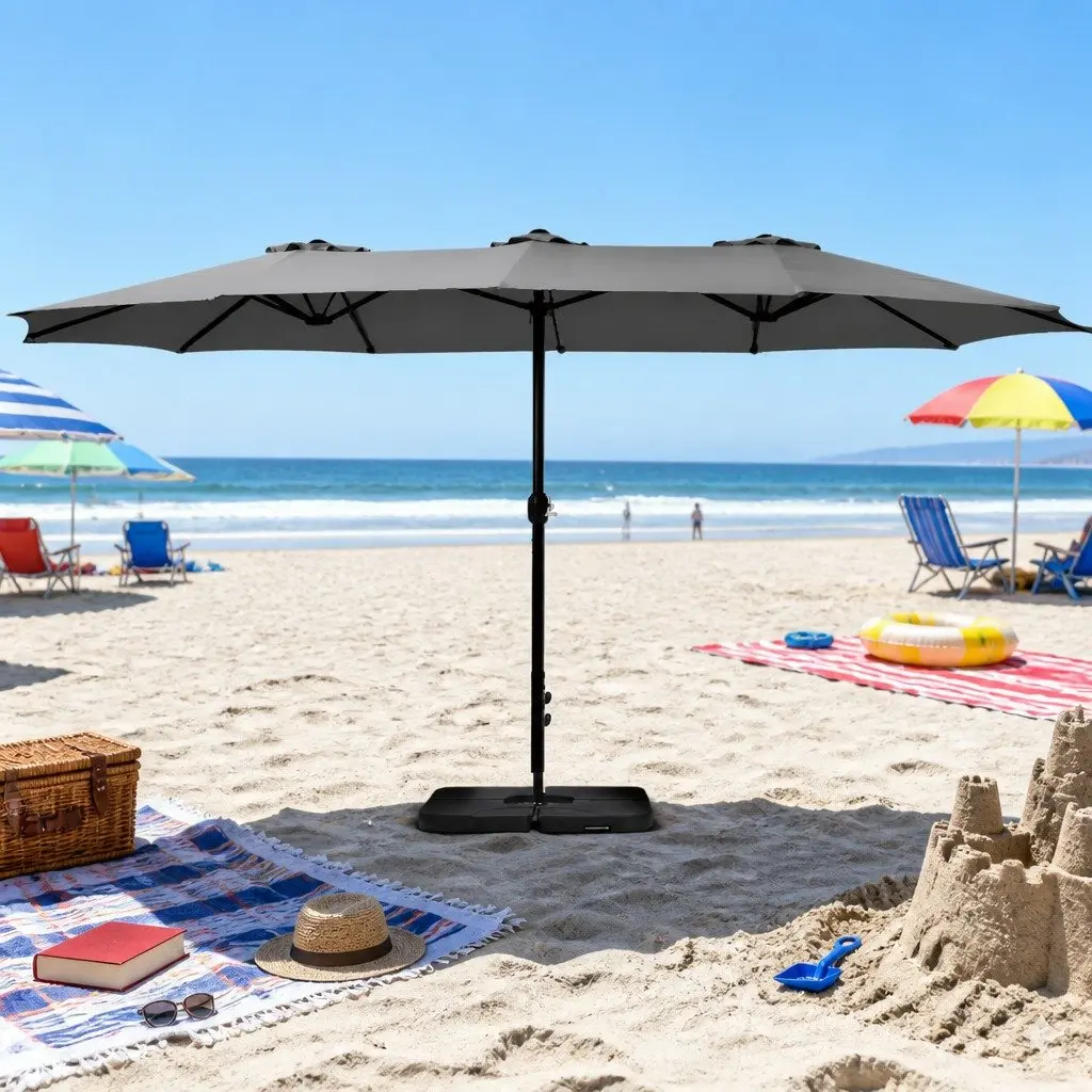 Outdoor Umbrella Polyester 4.57m Double-Sided Charcoal Garden Sunshade with Black Base Stand