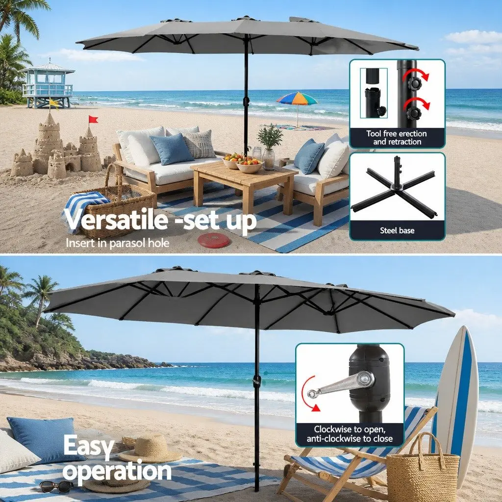 Outdoor Umbrella Polyester 4.57m Double-Sided Charcoal Garden Sunshade with Black Base Stand