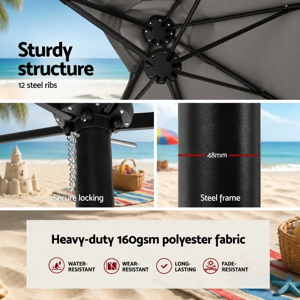 Outdoor Umbrella Polyester 4.57m Double-Sided Charcoal Garden Sunshade with Black Base Stand