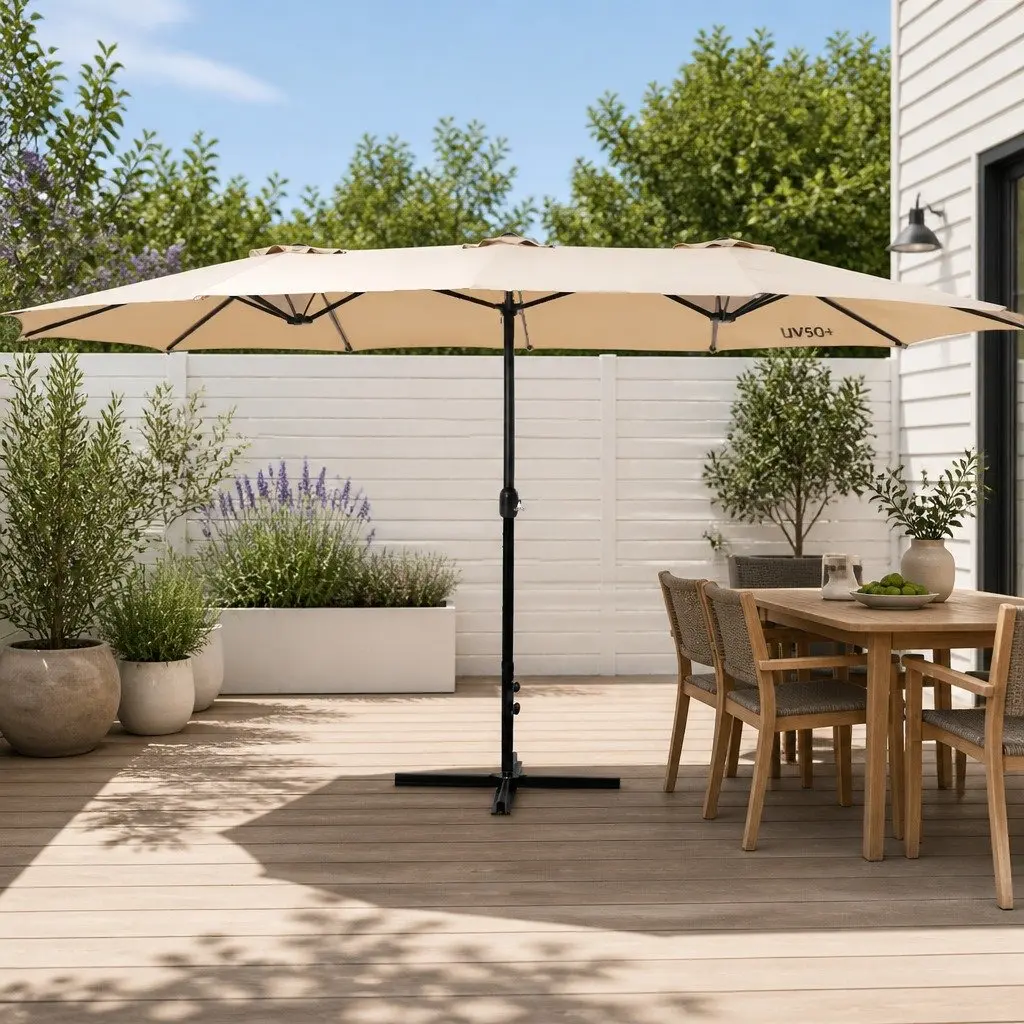 Outdoor Umbrella Steel 4.57m Beige Dodecagon Canopy