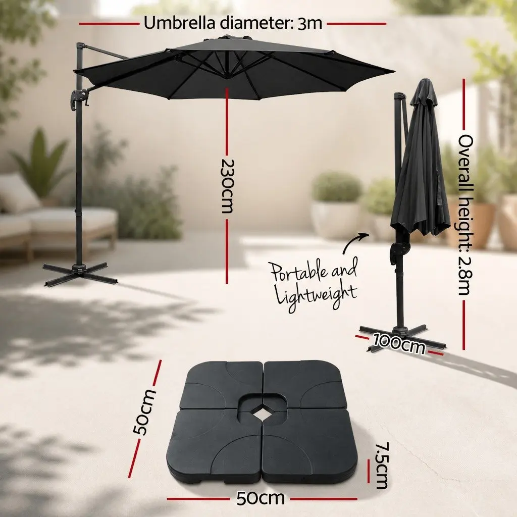 Outdoor Umbrella Polyester 3m Black Octagonal Canopy 360 Rotatable