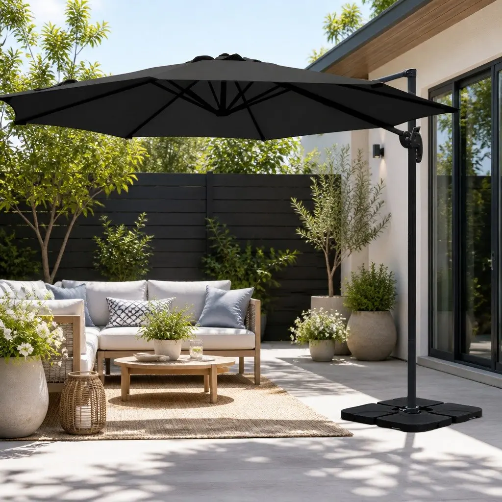 Outdoor Umbrella Polyester 3m Black Octagonal Canopy 360 Rotatable