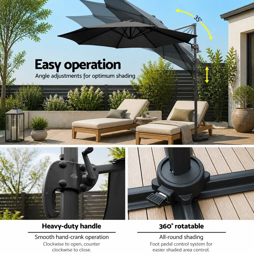 Outdoor Umbrella Polyester 3m Black Octagonal Canopy 360 Rotatable
